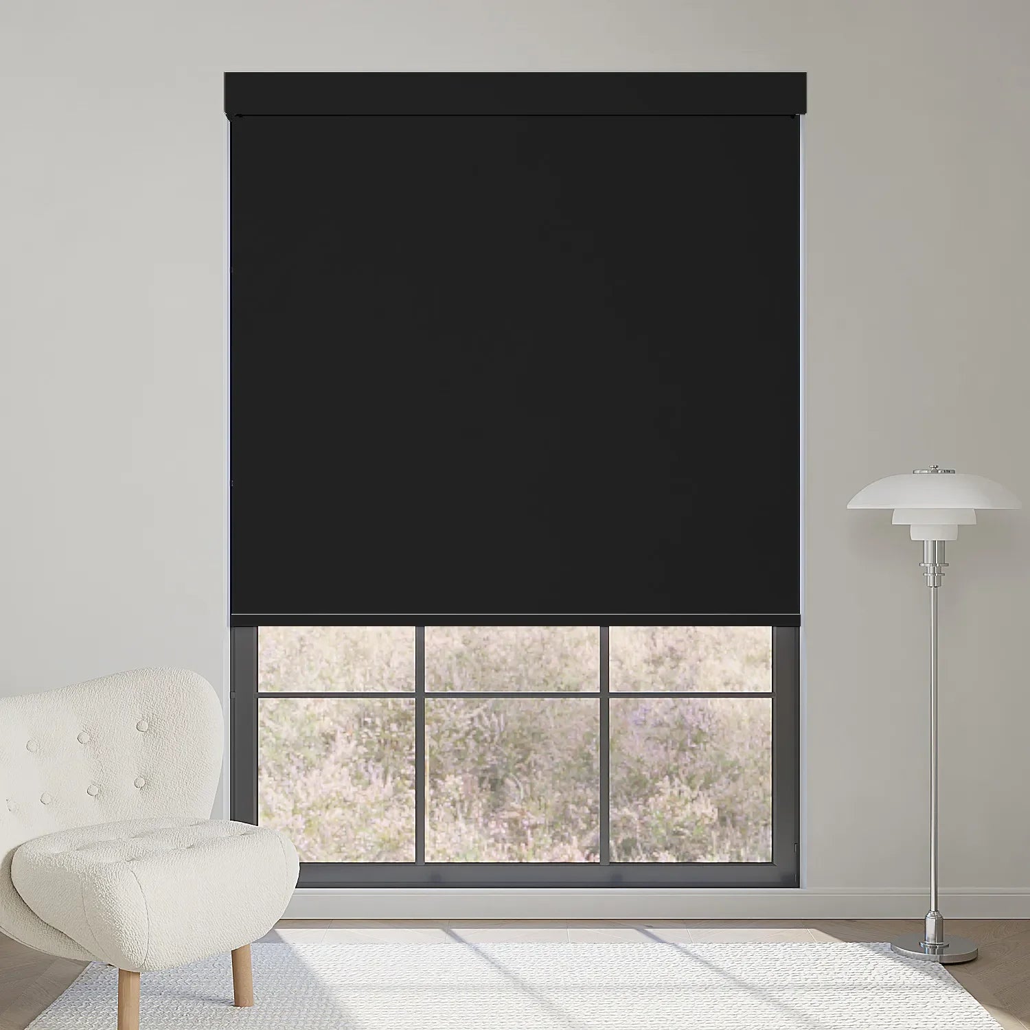 Black motorized blackout roller shade in fabric series, filters sunlight while keeping lavender view, sleek modern window decor.