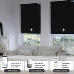 Blackout roller shade with black fabric, smart app, voice, or remote hub control, managing up to 16 shades in one group.