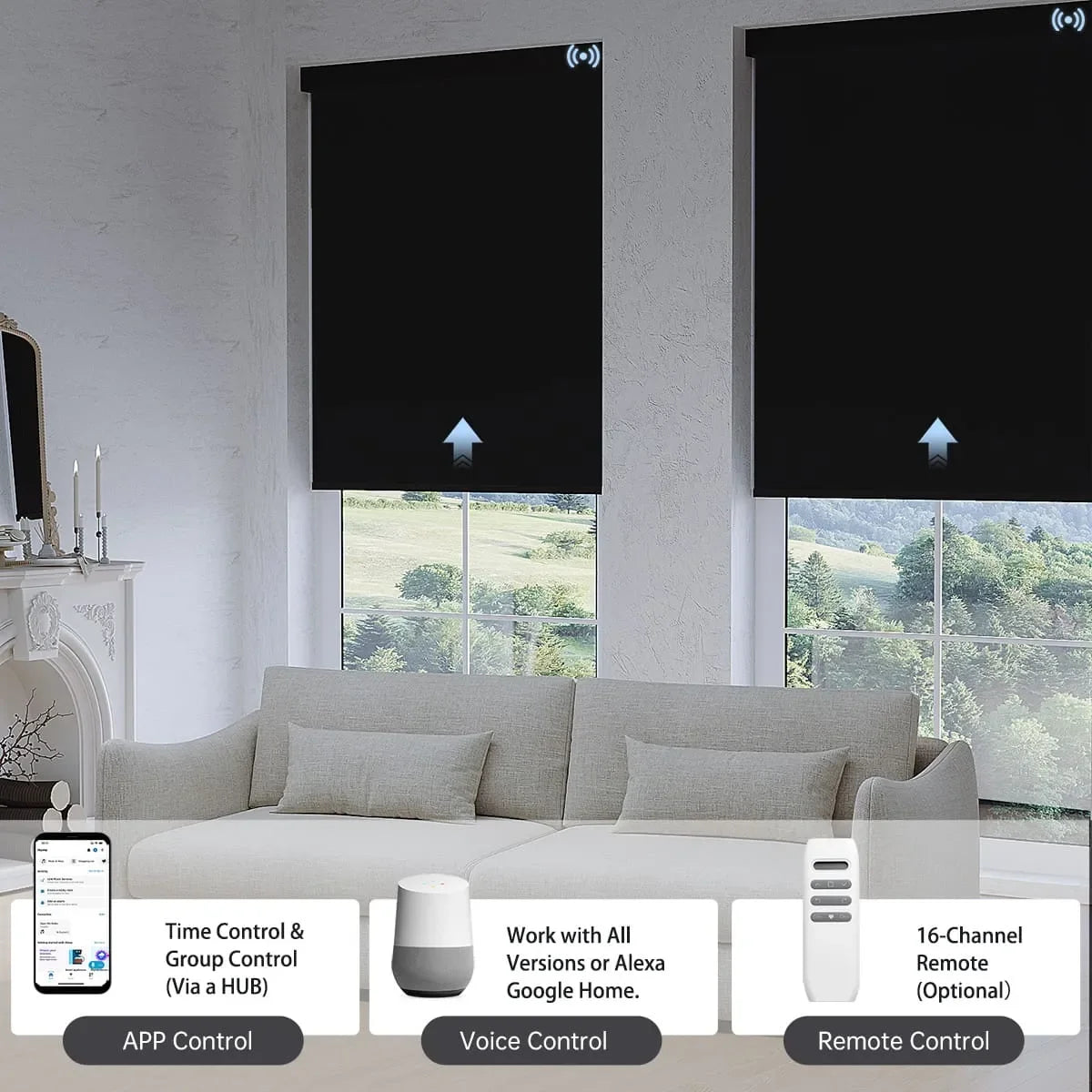 Blackout roller shade with black fabric, smart app, voice, or remote hub control, managing up to 16 shades in one group.