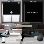 Black fabric motorized blackout roller shade, hands-free voice commands with scheduled timer for automatic daily light control.