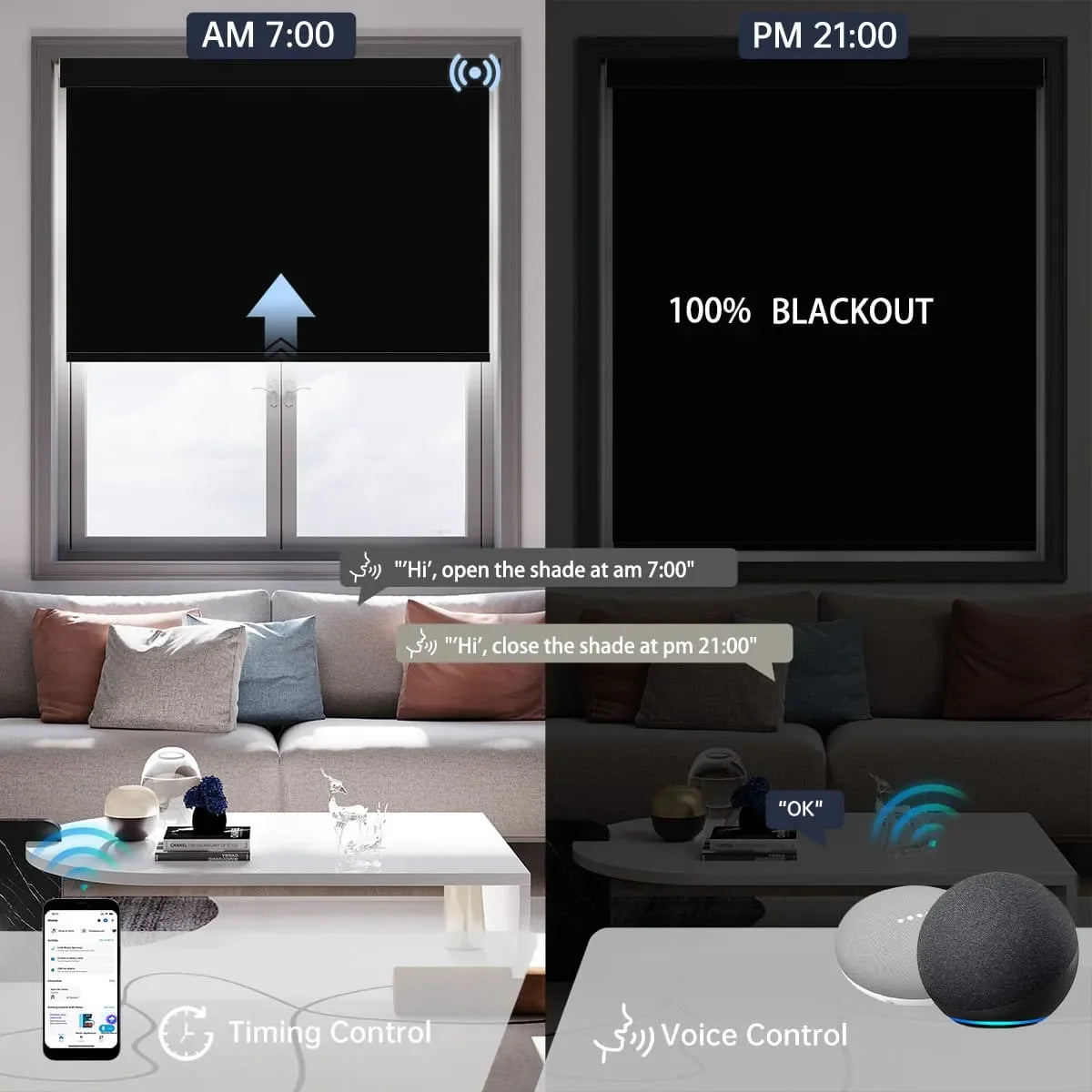 Black fabric motorized blackout roller shade, hands-free voice commands with scheduled timer for automatic daily light control.