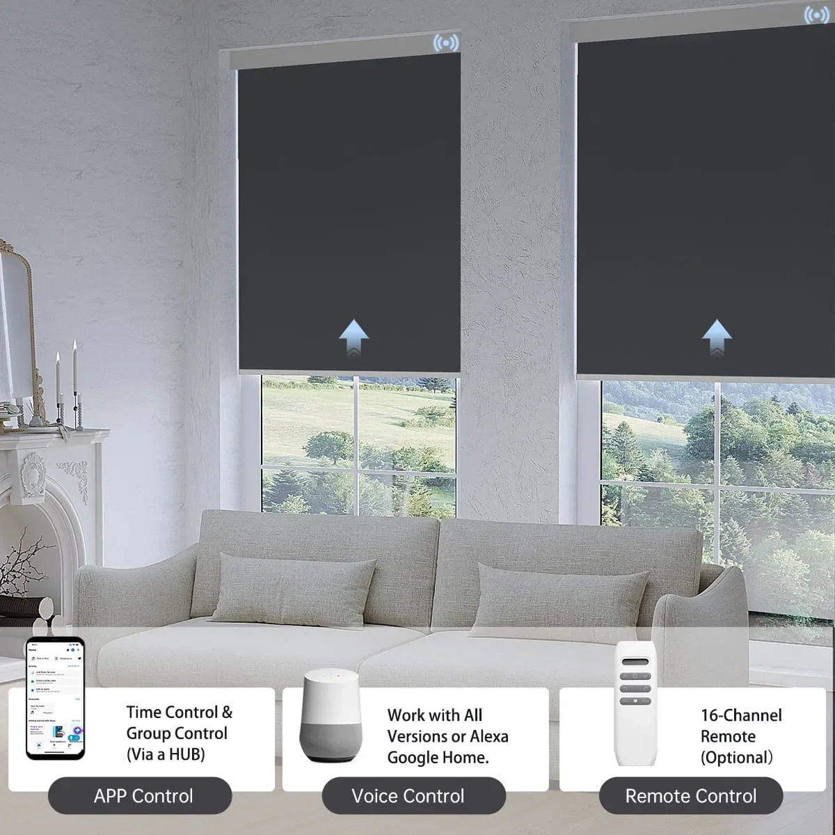 Dark grey blackout roller shade with app, voice, and hub-based remote control, managing up to 16 shades in one group.
