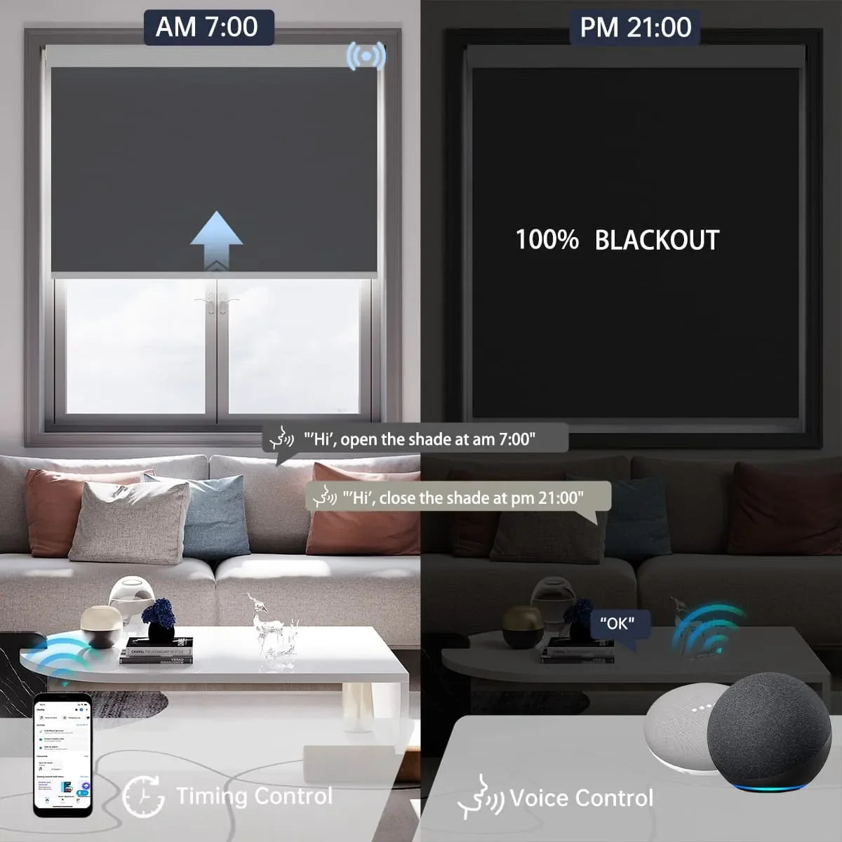 Dark grey motorized blackout roller shade, supports voice commands and scheduled timer for effortless daily automation.