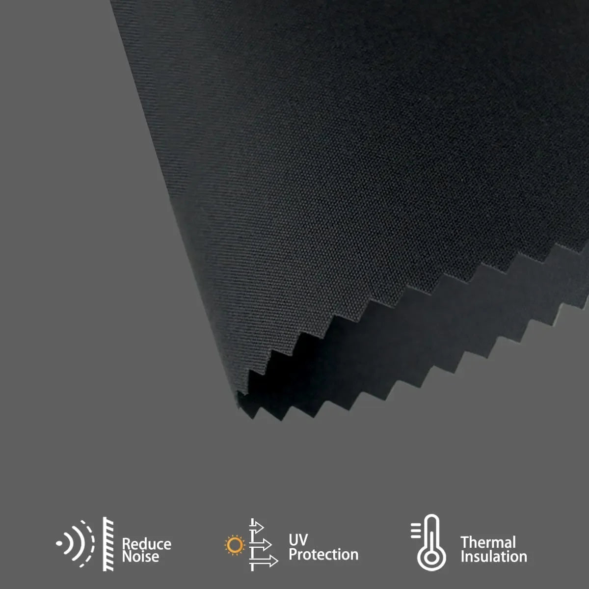 Dark grey blackout fabric cuts heat, reduces noise, and balances room temperature, delivering energy-efficient comfort.