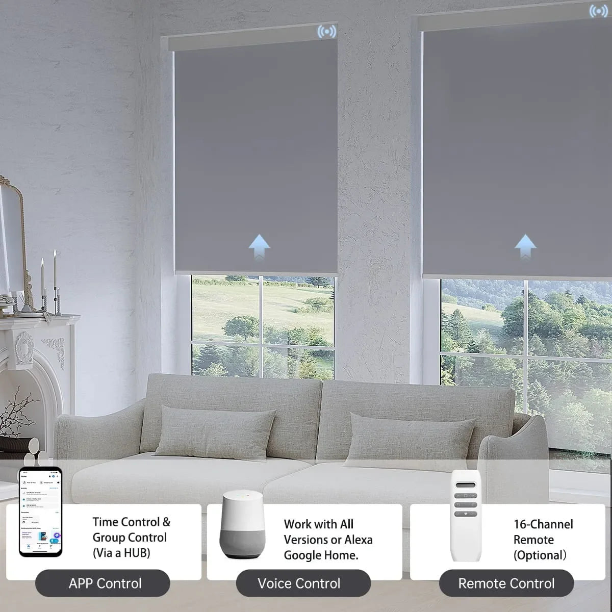 Light grey blackout shade easily adjusted by app, voice, or remote, letting you manage multiple windows with ease.
