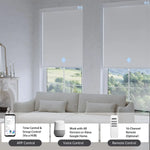 White blackout roller shade with app, voice, and hub remote options, allowing smooth control of up to 16 grouped smart shades.