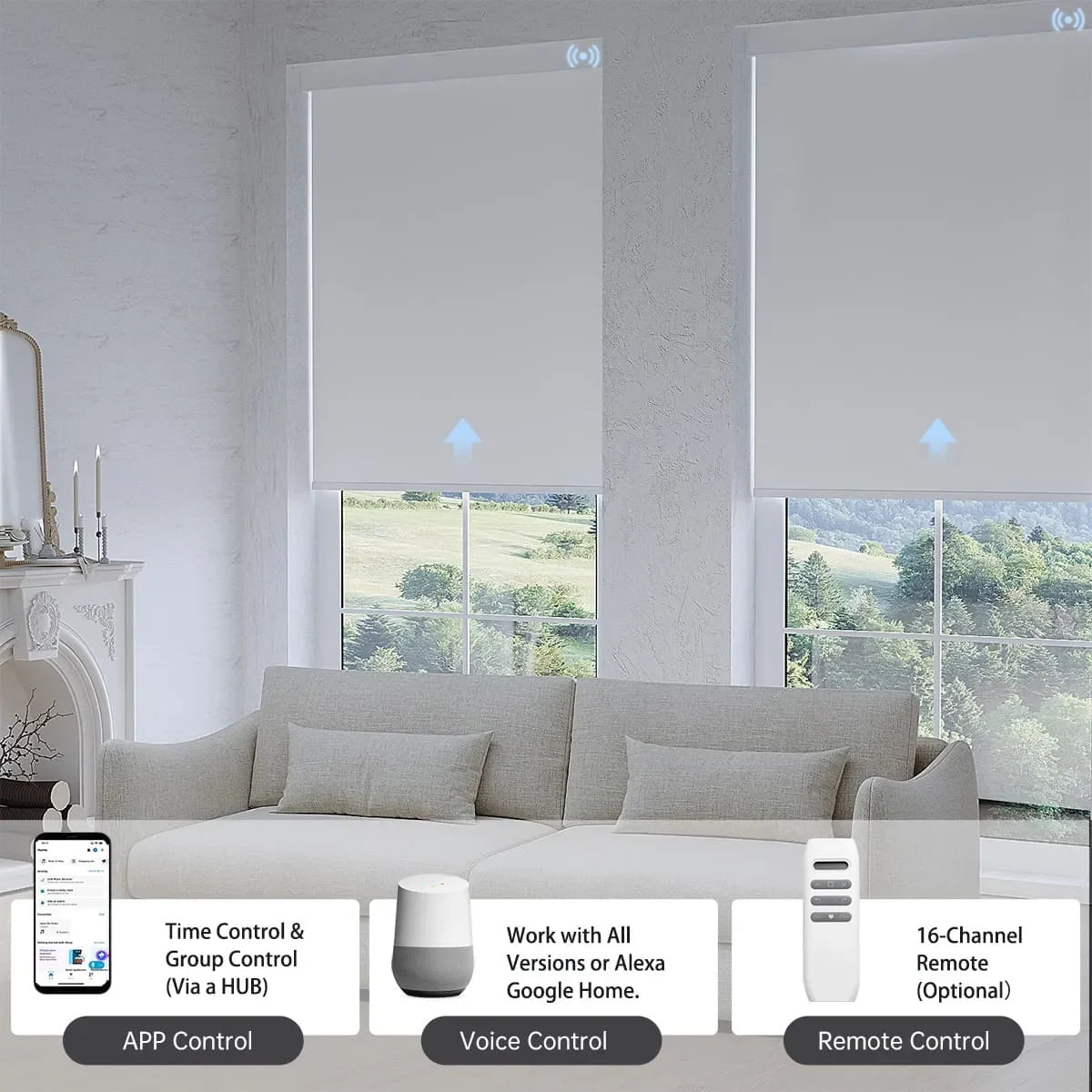 White blackout roller shade with app, voice, and hub remote options, allowing smooth control of up to 16 grouped smart shades.