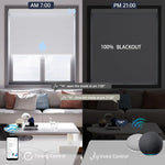 White fabric motorized blackout roller shade, voice commands and timer scheduling make daily light control effortless.