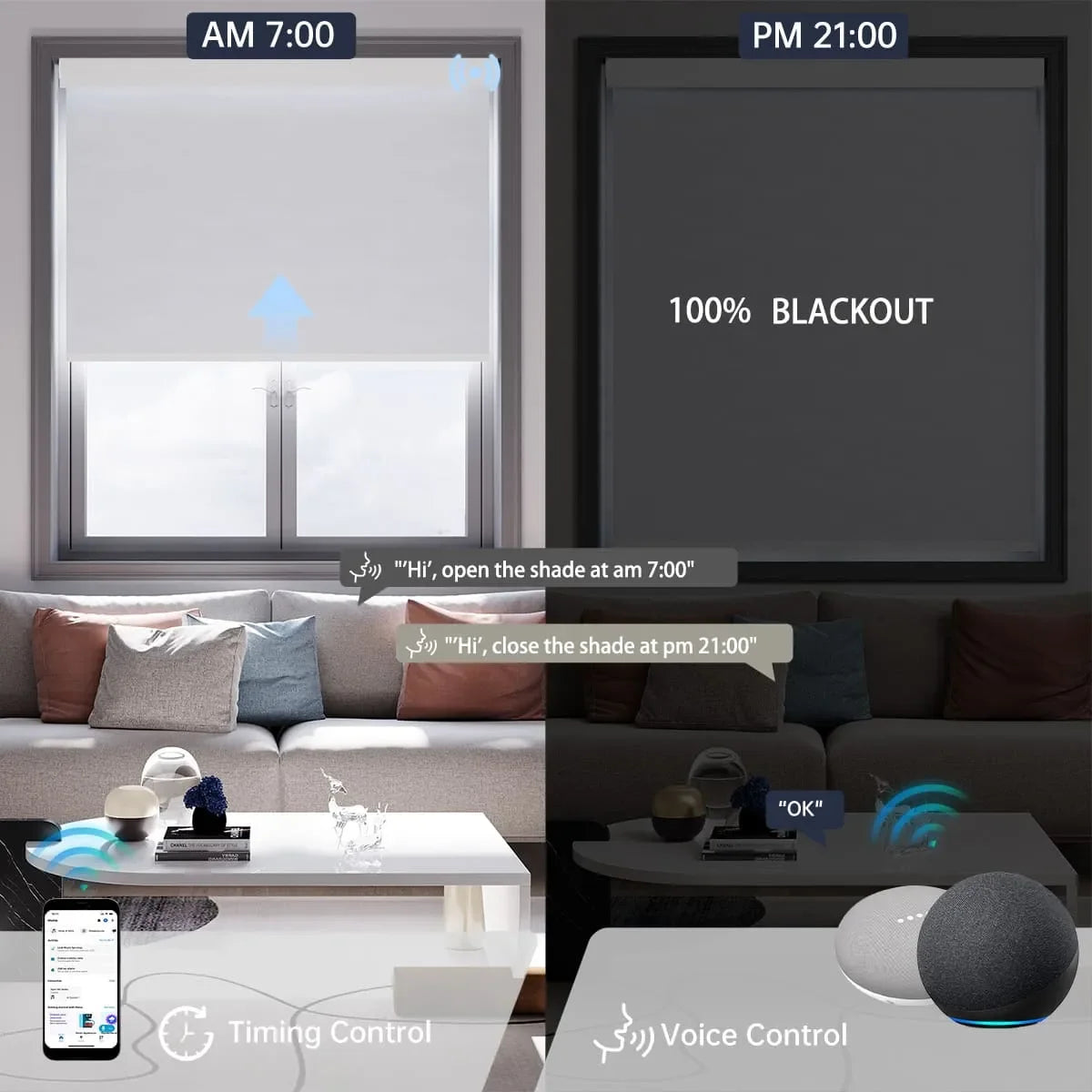 White fabric motorized blackout roller shade, voice commands and timer scheduling make daily light control effortless.
