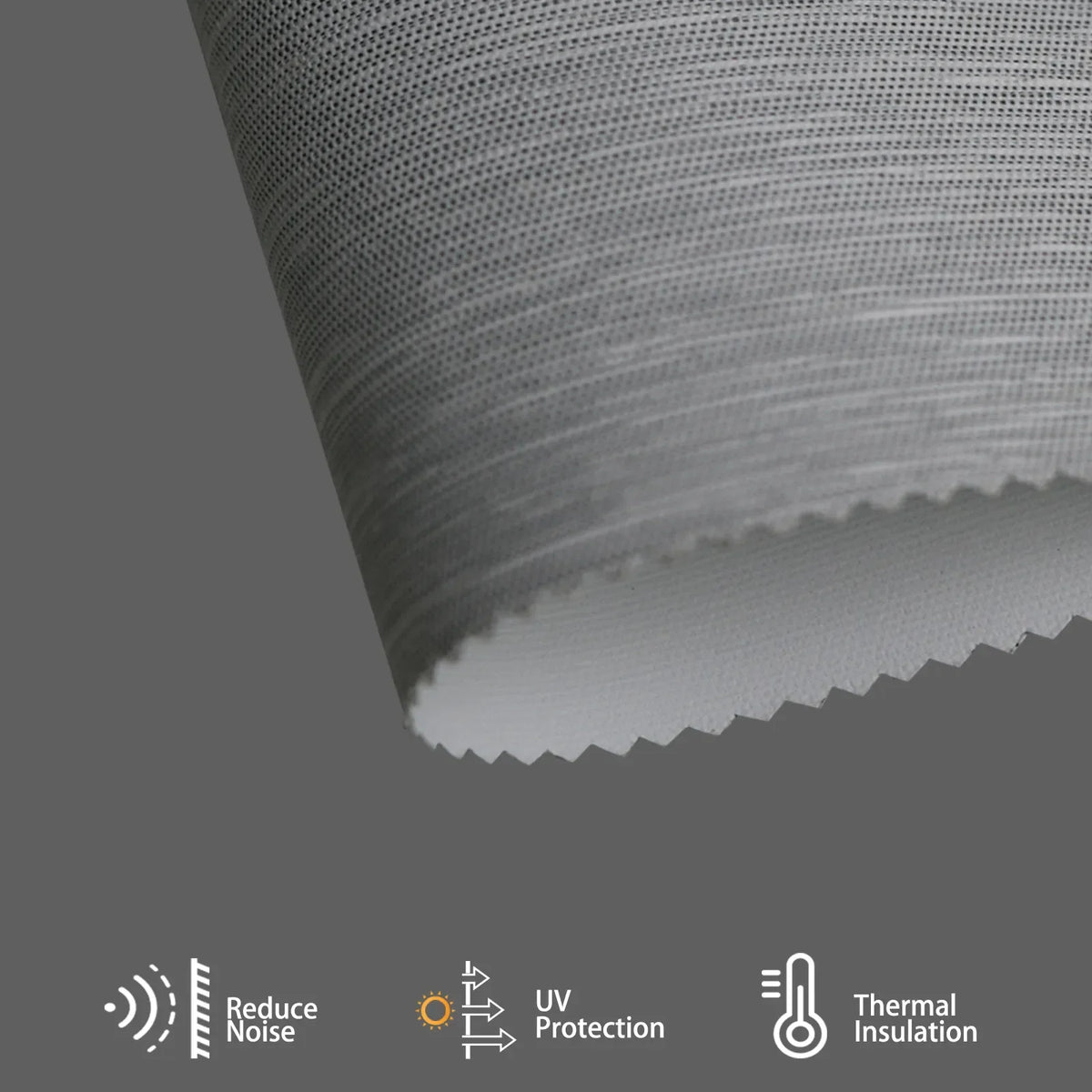 Foggy grey textured fabric reduces heat and noise, balances room temperature, and adds refined depth and soft aesthetic.