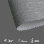 Foggy grey textured fabric reduces heat and noise, balances room temperature, and adds refined depth and soft aesthetic.