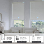 Jacquard beige textured blackout roller shade, controlled via app, voice, or hub remote, managing up to 16 grouped shades easily.