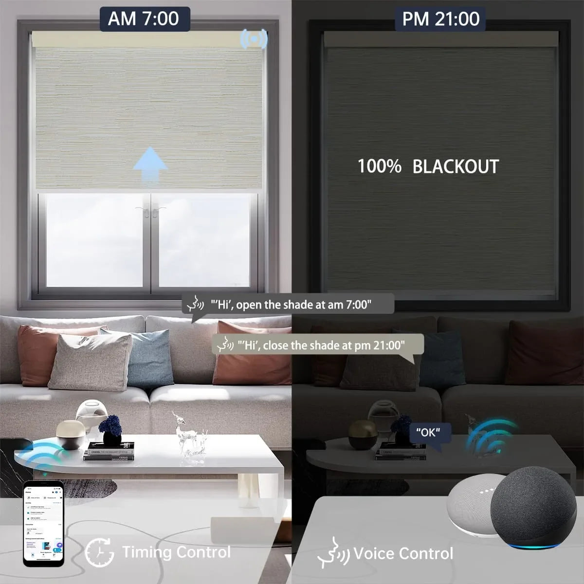 Jacquard beige motorized blackout roller shade with voice commands and scheduled timer, providing effortless daily automation.