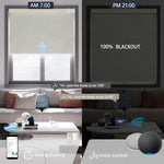 Jacquard beige motorized blackout roller shade with voice commands and scheduled timer, providing effortless daily automation.