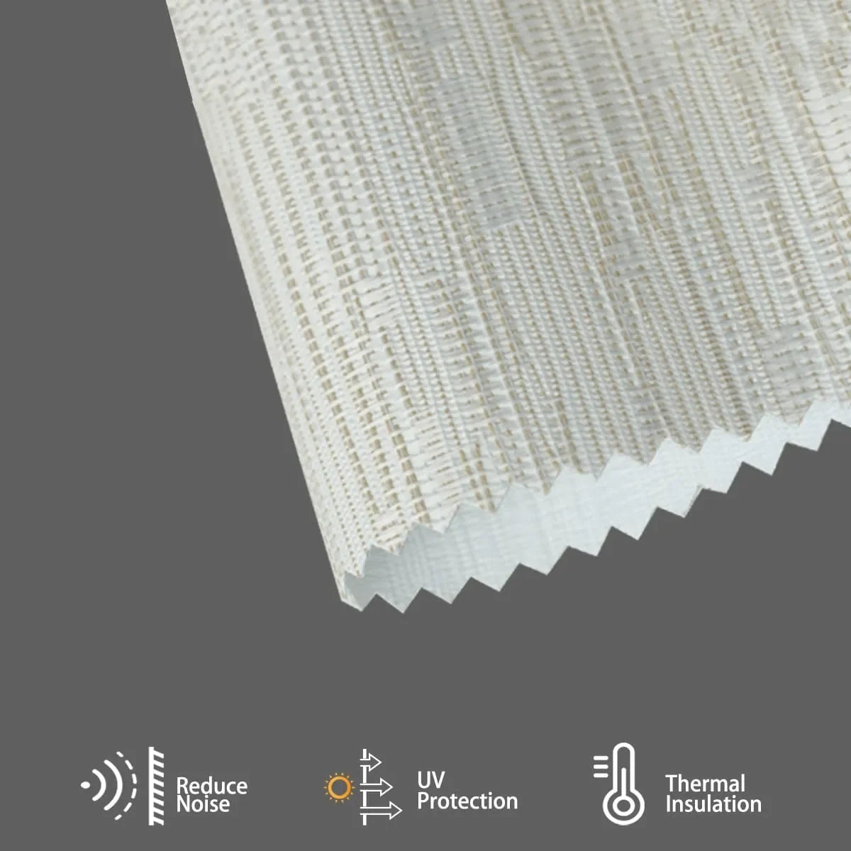 Jacquard beige textured fabric blocks heat and noise, regulates room temperature, and adds a luxurious layered look.