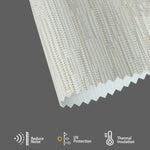 Jacquard beige textured fabric blocks heat and noise, regulates room temperature, and adds a luxurious layered look.