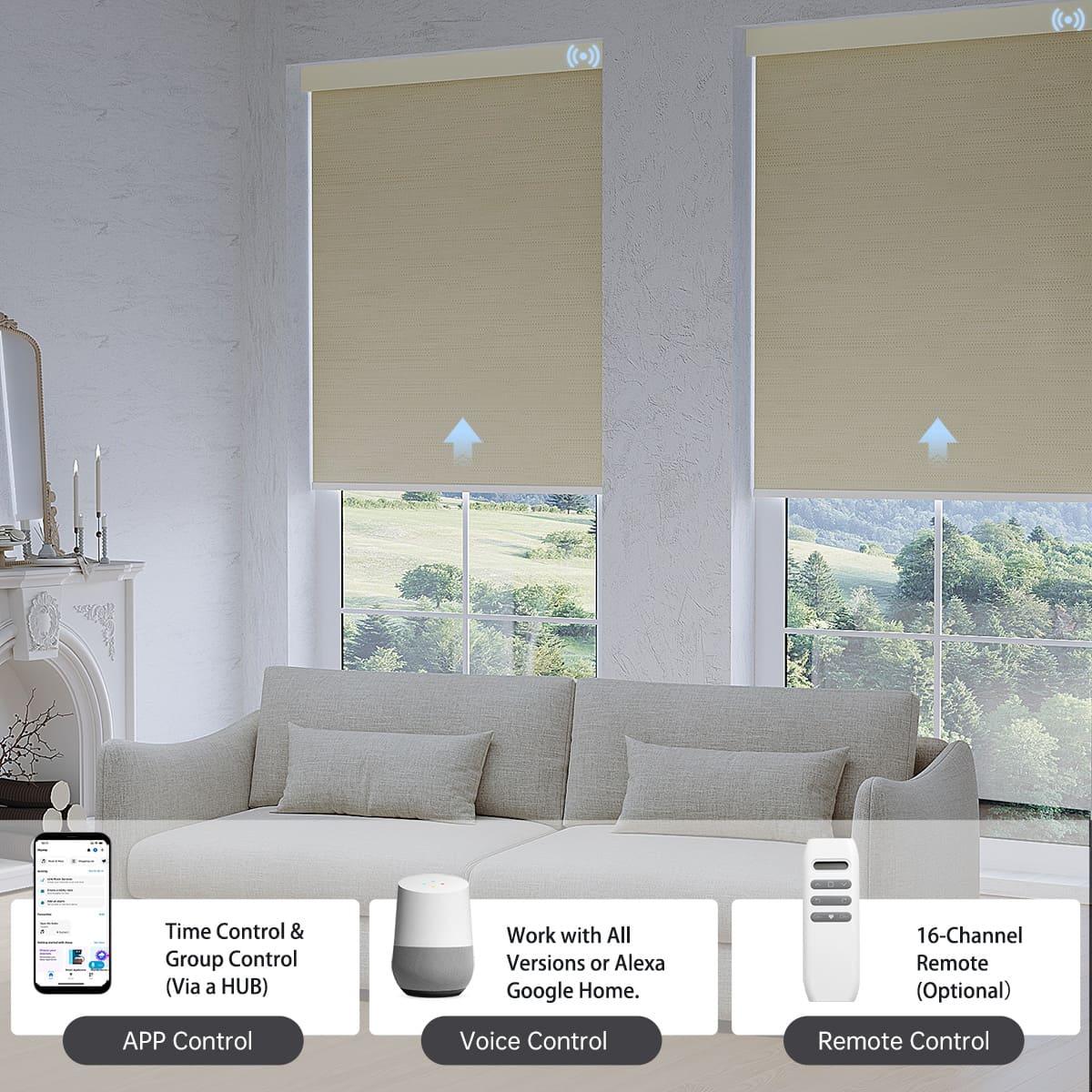 Jacquard coffee textured blackout roller shade, app, voice, or hub remote control lets you manage up to 16 grouped shades easily.