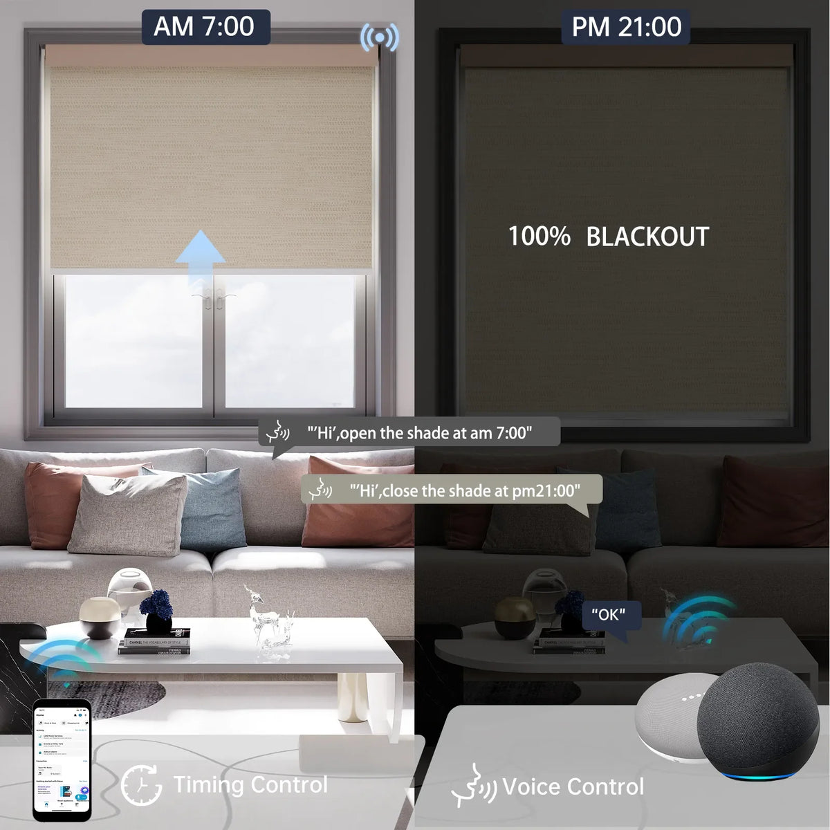 Jacquard coffee motorized blackout roller shade, hands-free voice commands and timer scheduling provide effortless daily automation.