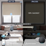 Jacquard coffee motorized blackout roller shade, hands-free voice commands and timer scheduling provide effortless daily automation.