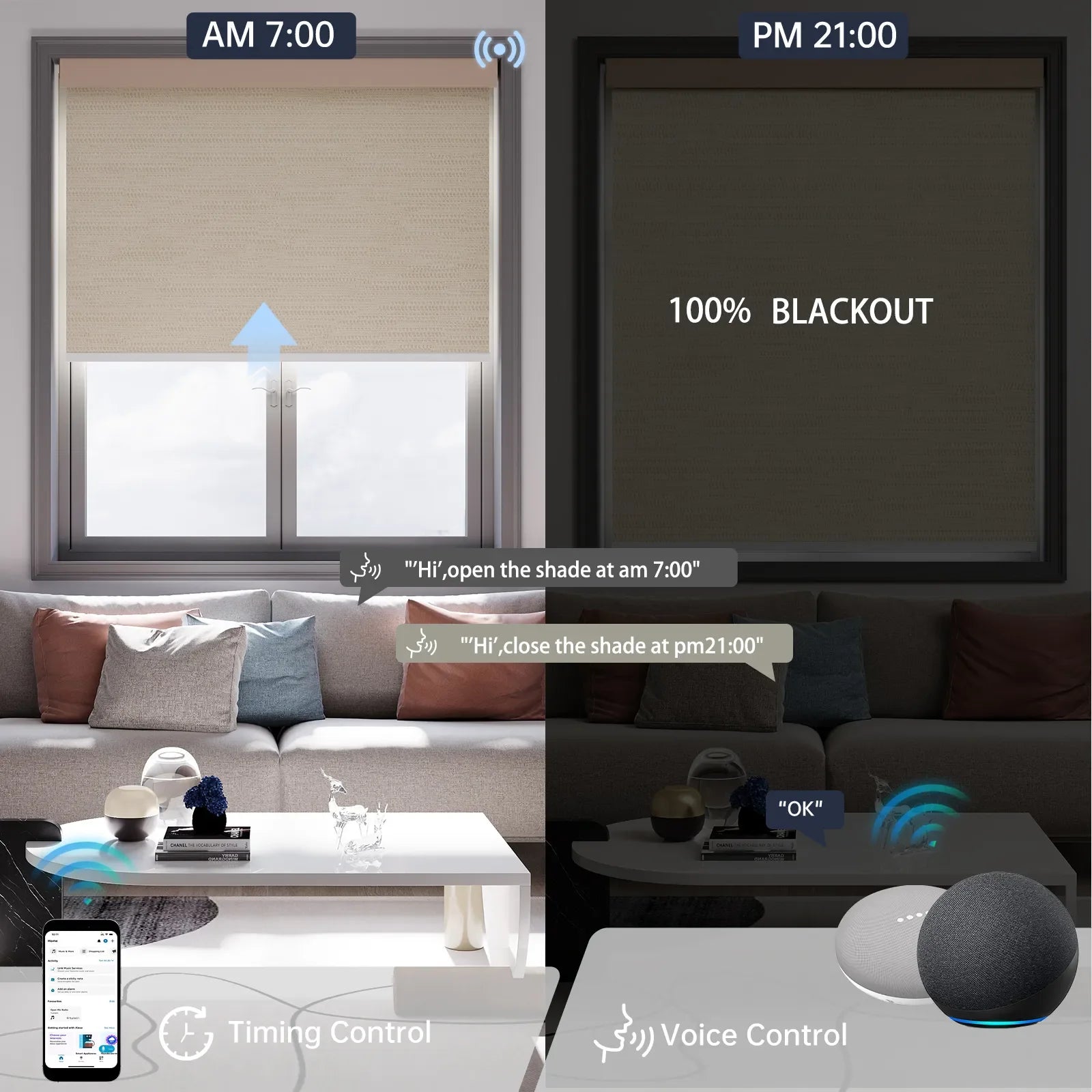 Jacquard coffee motorized blackout roller shade, hands-free voice commands and timer scheduling provide effortless daily automation.