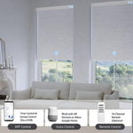 Jacquard white textured blackout roller shade, controlled via app, voice, or hub remote, easily managing up to 16 grouped shades.