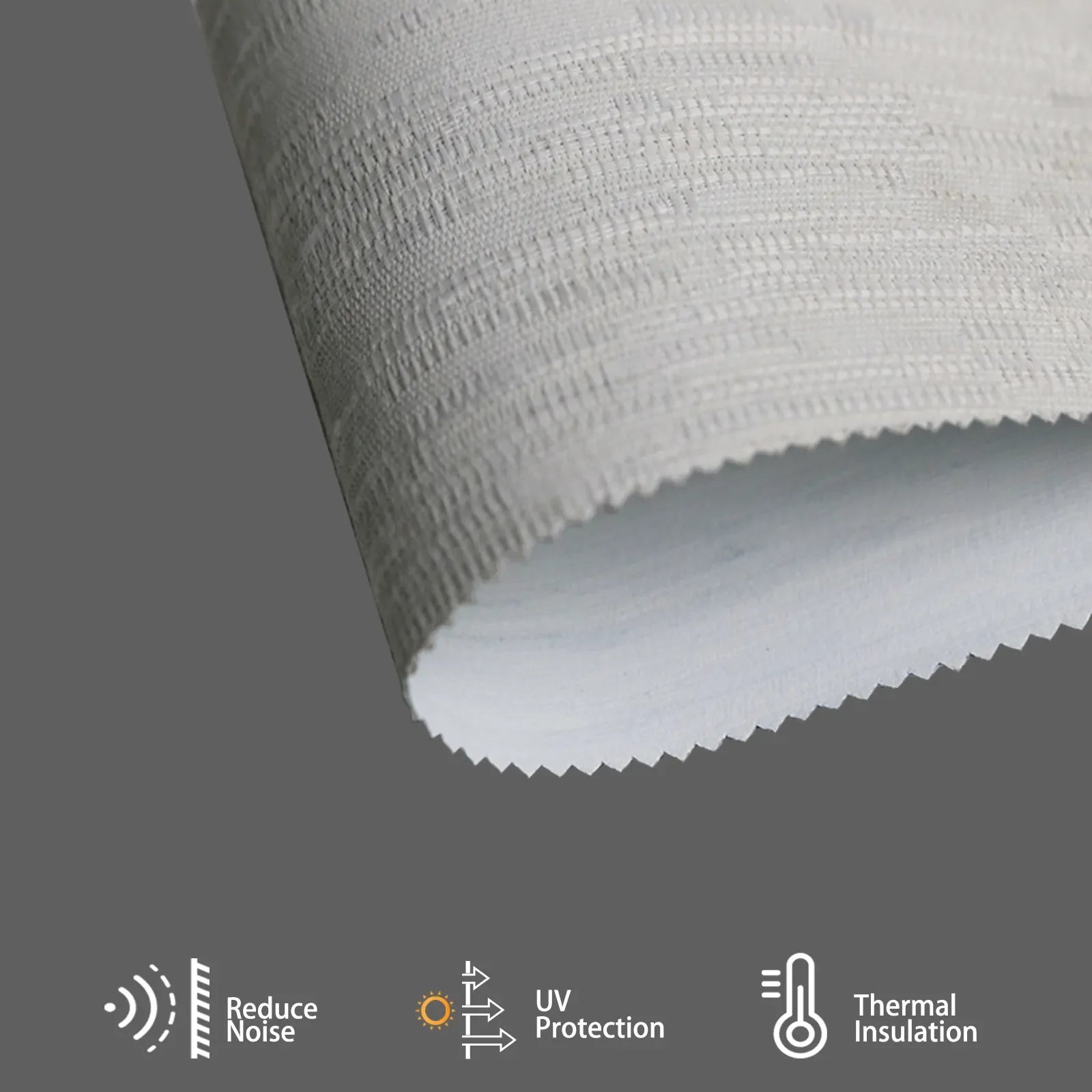 Jacquard white textured fabric blocks heat and noise, regulates room temperature, and adds bright, luxurious depth to interiors.