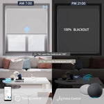Elegant light grey motorized blackout roller shade supports voice commands and scheduled timer for seamless daily automation.