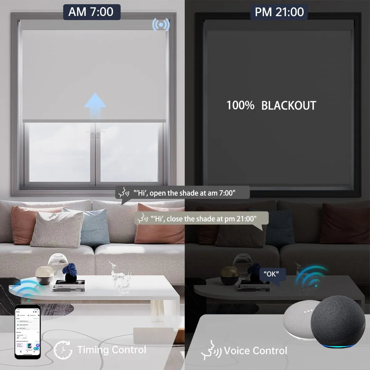 Elegant light grey motorized blackout roller shade supports voice commands and scheduled timer for seamless daily automation.
