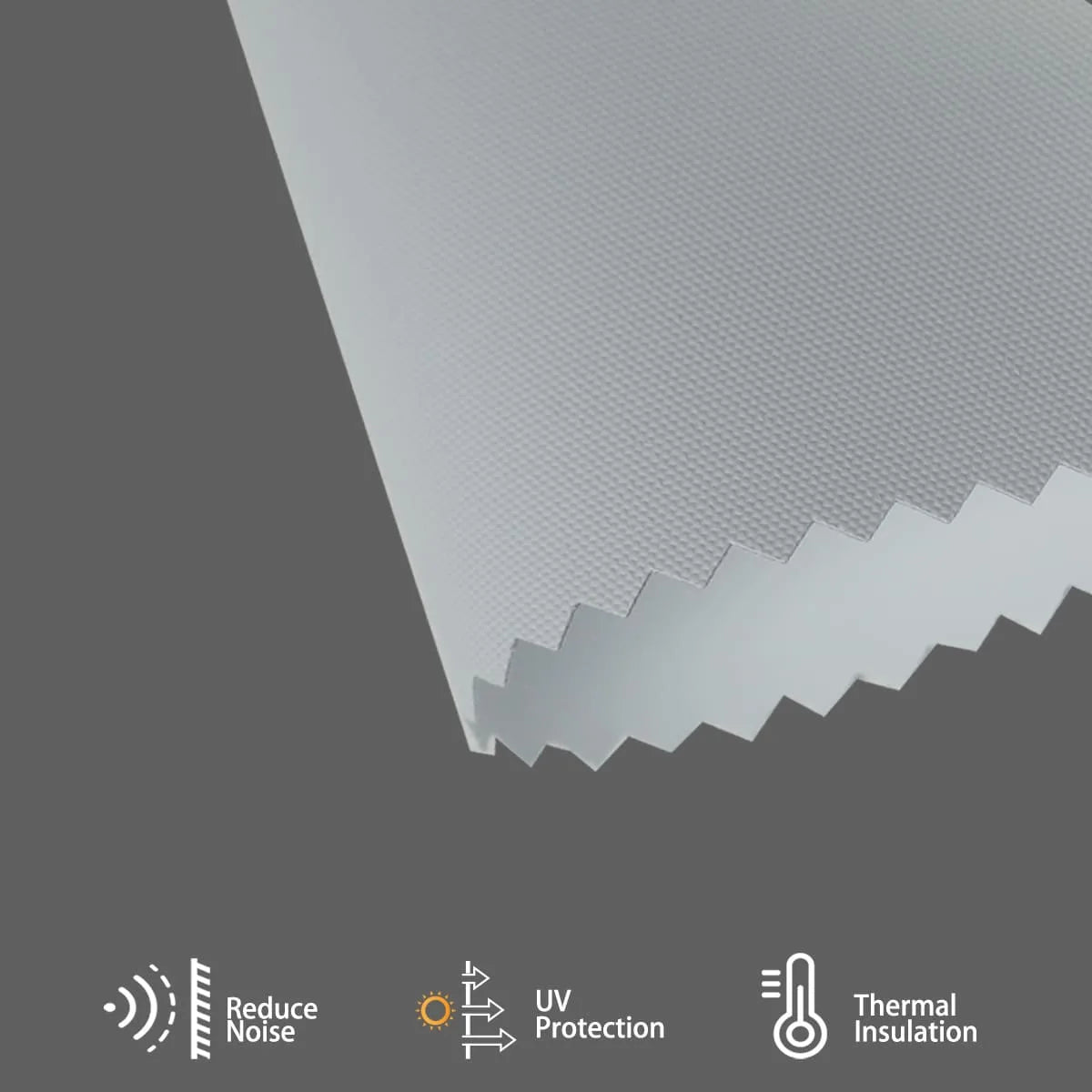 Elegant light grey fabric blocks heat and noise, regulates room temperature, and adds soft, luxurious depth to interiors.