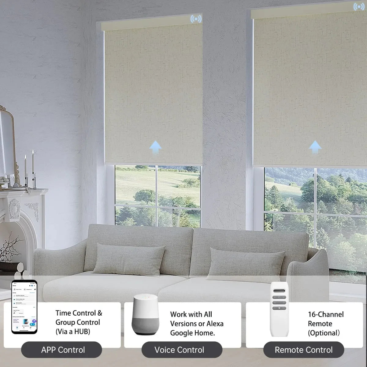 Line beige textured blackout roller shade, controlled via app, voice, or hub remote, managing up to 16 grouped shades easily.