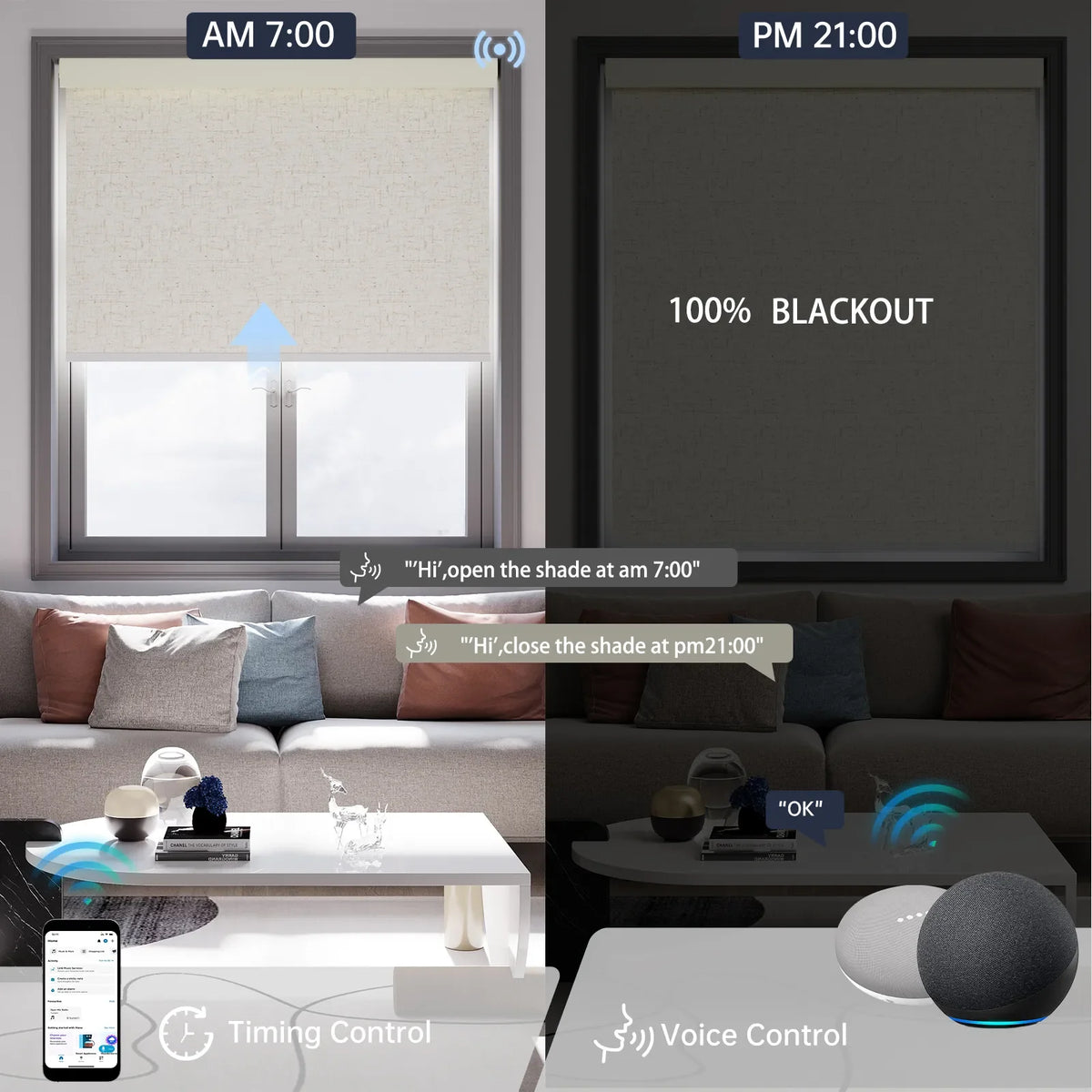 Line beige motorized blackout roller shade, hands-free voice commands and timer scheduling provide effortless daily automation.