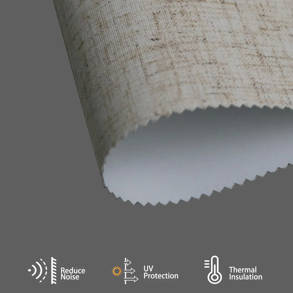 Line beige textured fabric blocks heat and noise, stabilizes room temperature, and adds subtle modern depth to interiors.