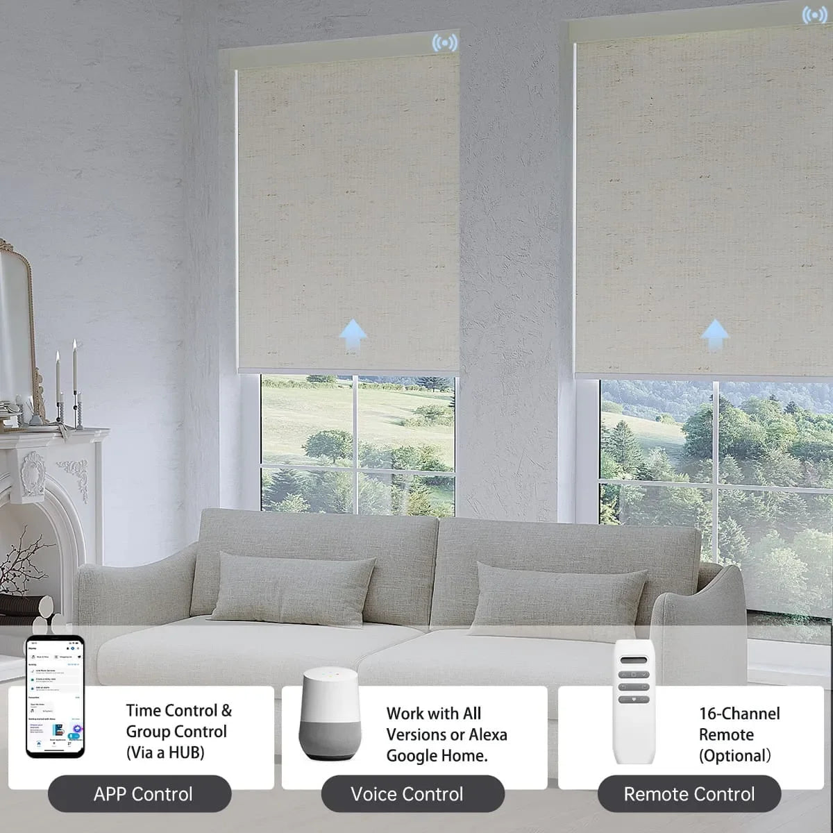 Line white textured blackout roller shade, controlled via app, voice, or hub remote, easily managing up to 16 grouped shades.