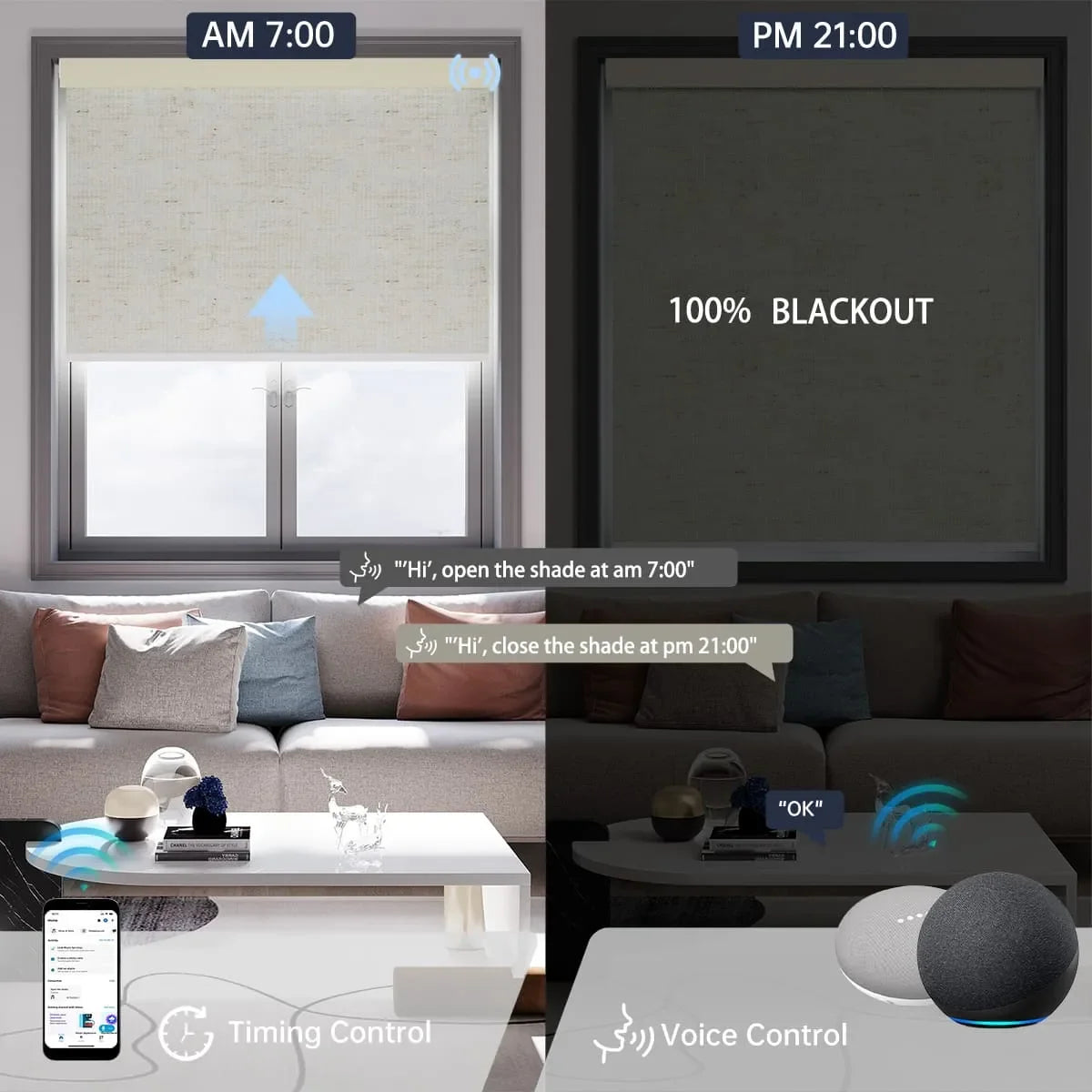 Line white motorized blackout roller shade supports voice commands and scheduled timer for effortless daily automation.