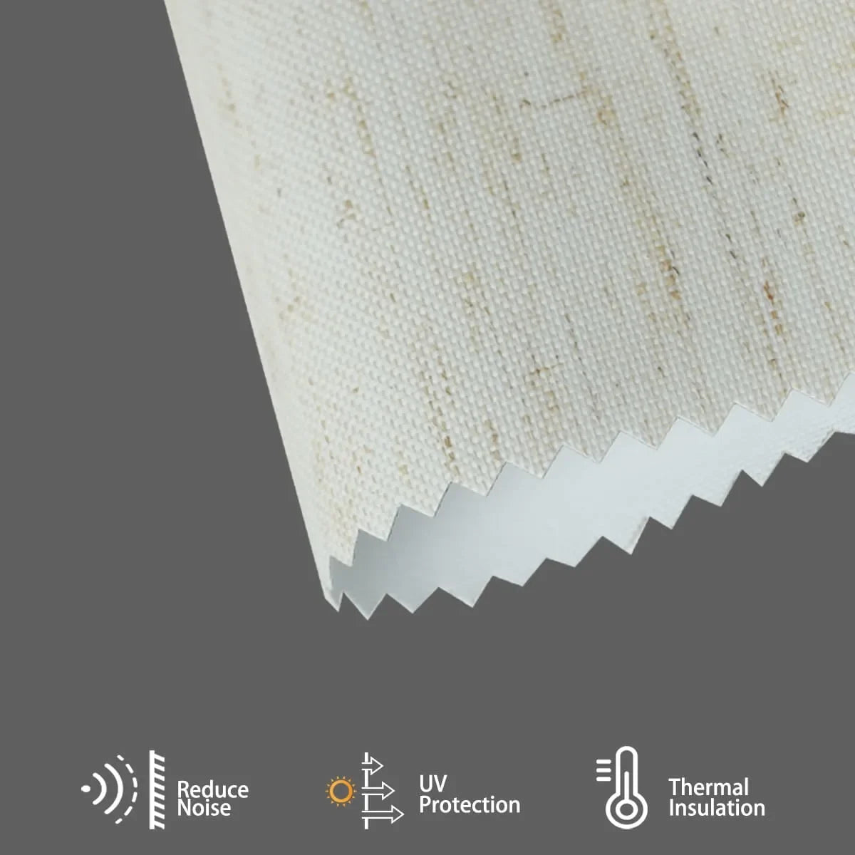 Line white textured fabric blocks heat and noise, regulates indoor temperature, and adds subtle, modern layered effect to interiors.