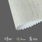 Line white textured fabric blocks heat and noise, regulates indoor temperature, and adds subtle, modern layered effect to interiors.
