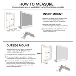 Guide for measuring window size for motorized roller shades, showing inside mount and outside mount installation options.