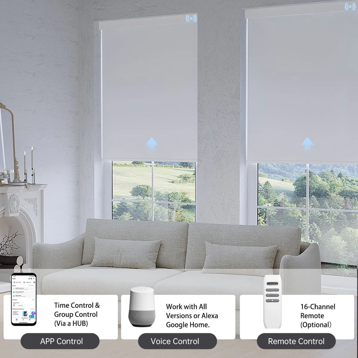 Elegant pure white blackout roller shade with app, voice, or hub remote control, managing up to 16 grouped shades effortlessly.