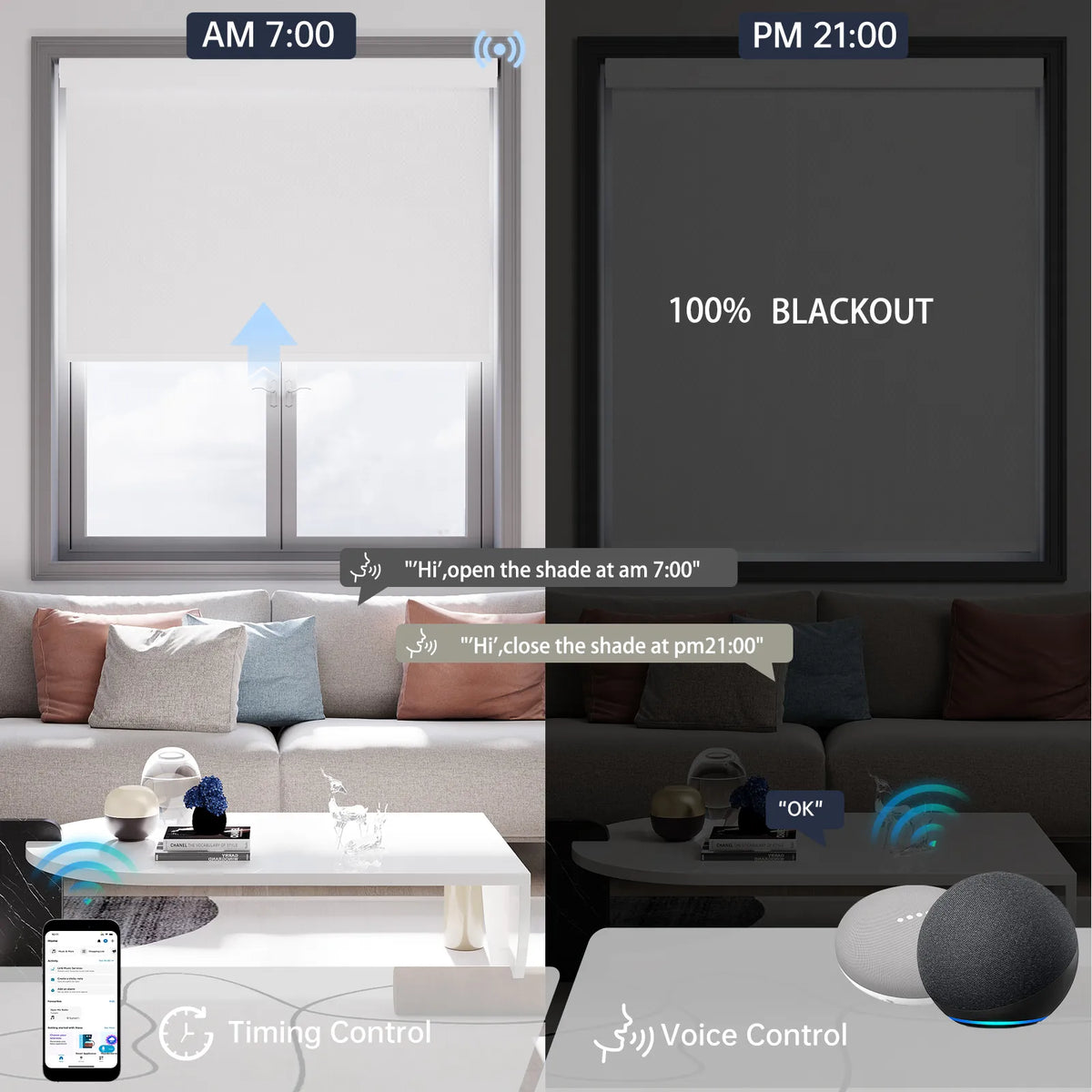 Elegant pure white motorized blackout roller shade supports voice commands and scheduled timer for convenient daily automation.