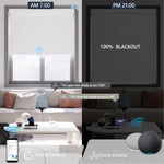 Elegant pure white motorized blackout roller shade supports voice commands and scheduled timer for convenient daily automation.