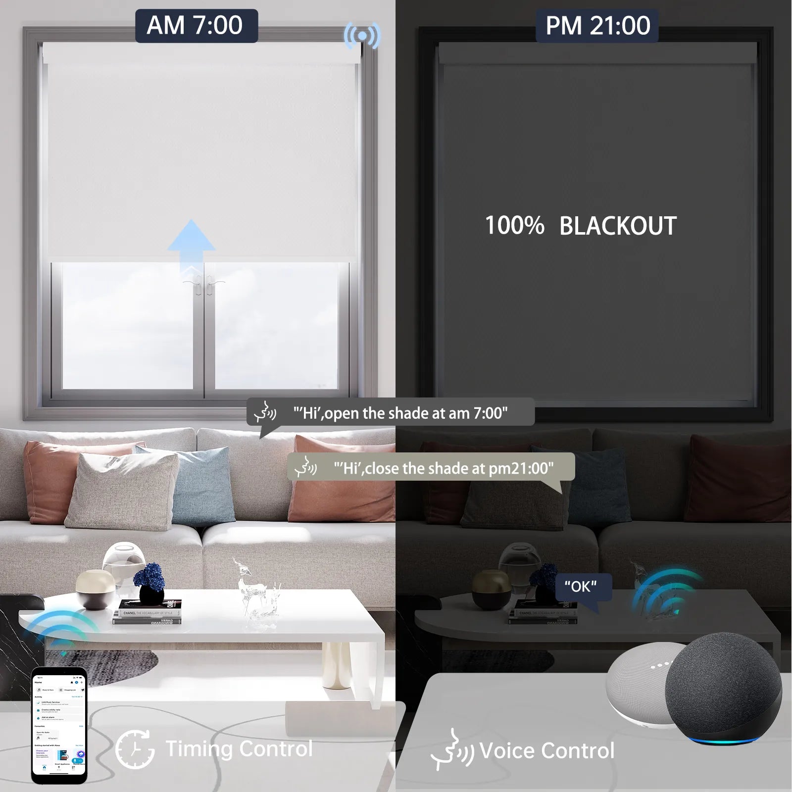 Elegant pure white motorized blackout roller shade supports voice commands and scheduled timer for convenient daily automation.