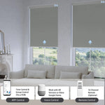 Elegant smoky sea grass blackout roller shade with app, voice, or hub remote, easily managing up to 16 grouped shades.