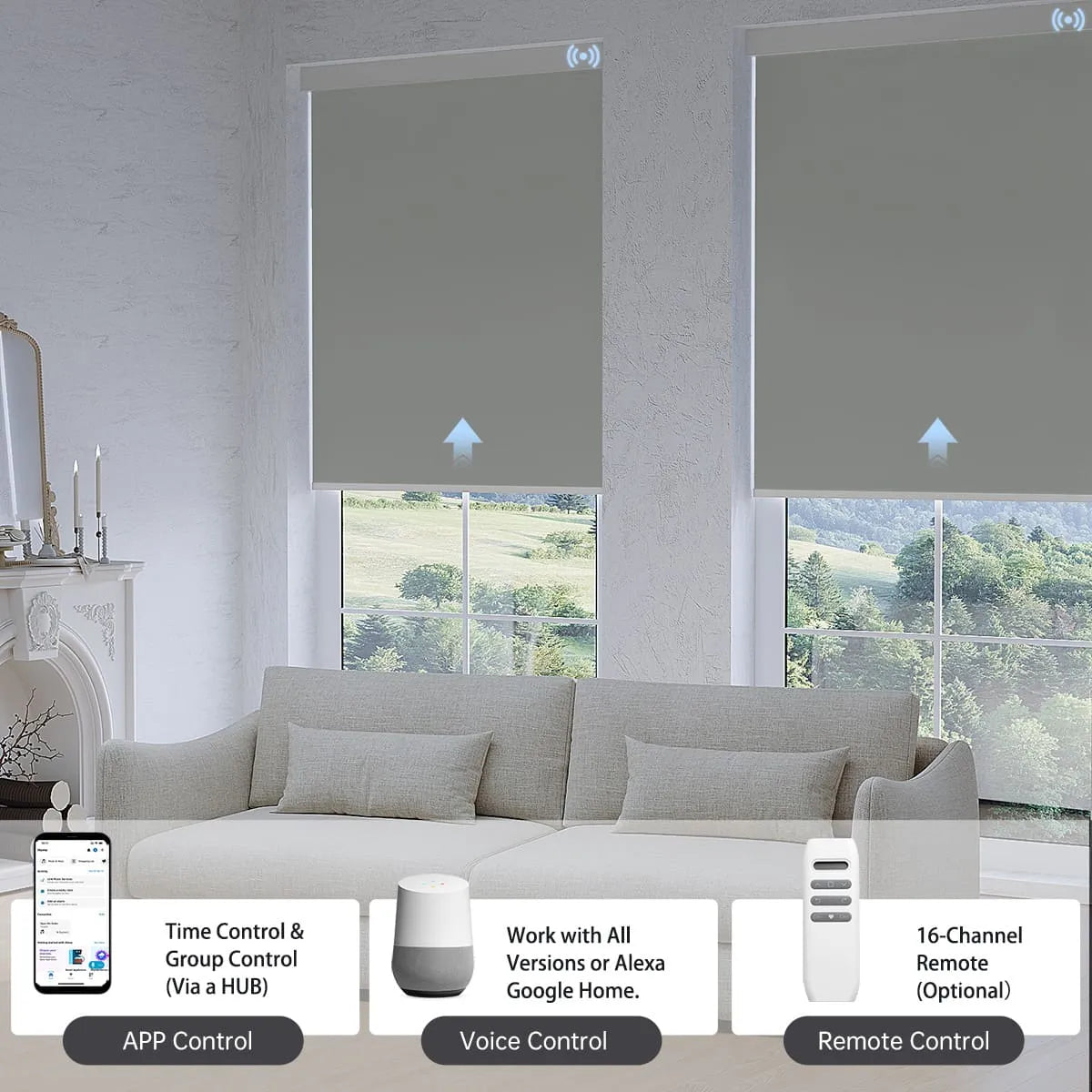 Elegant smoky sea grass blackout roller shade with app, voice, or hub remote, easily managing up to 16 grouped shades.