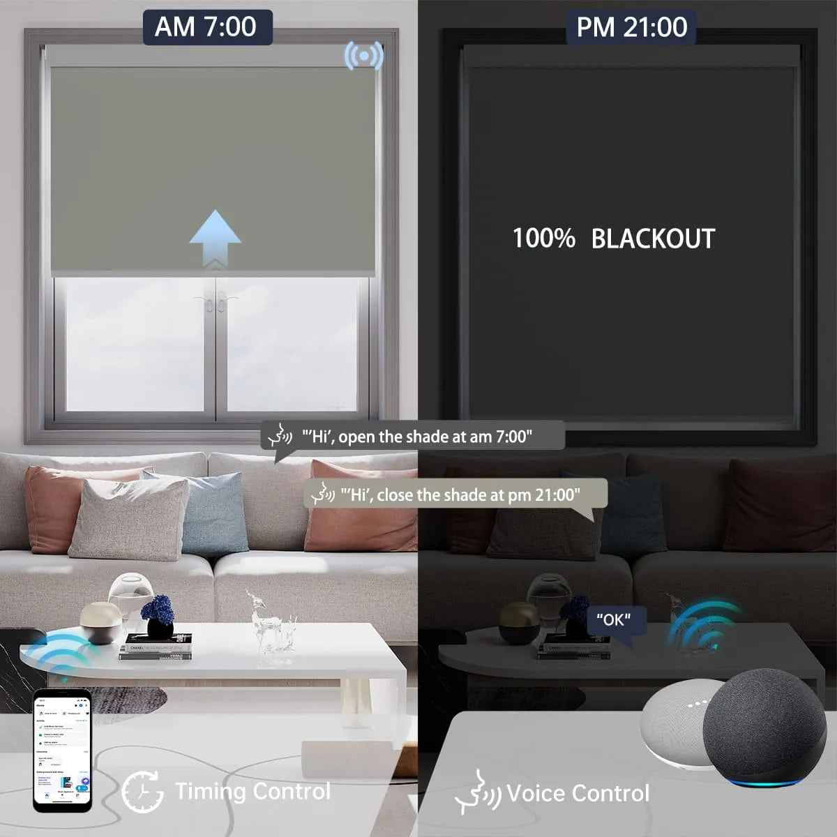 Elegant smoky sea grass motorized blackout roller shade supports voice commands and scheduled timer for hands-free daily control.