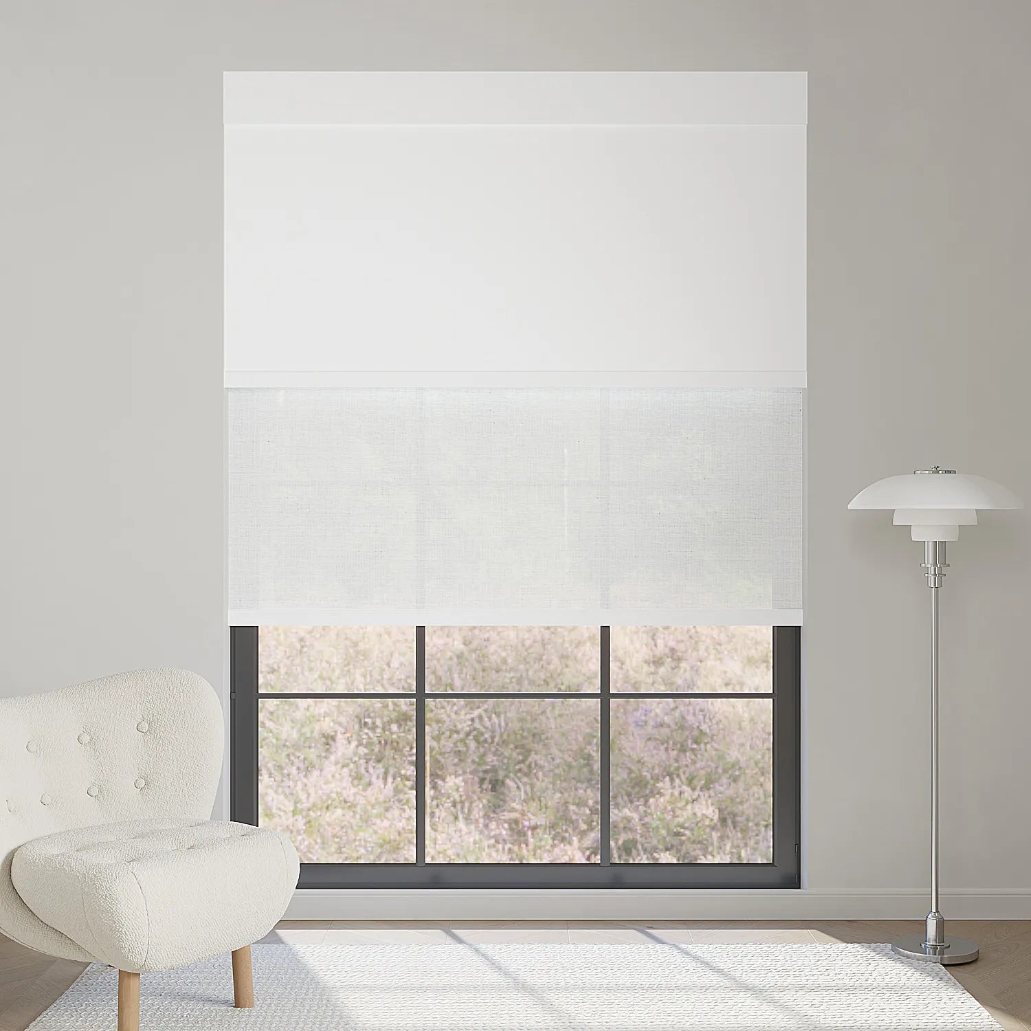 Dual-layer roller shades with blackout and 70% light filtering white fabrics, offering flexible privacy and light control.