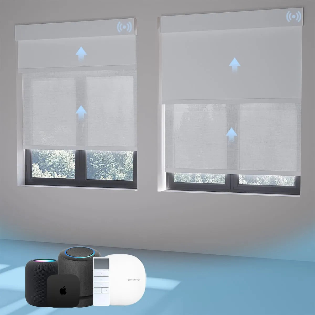 Smart dual-layer roller shades support voice assistants, remote control, and mobile app for easy operation.