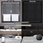 Fabric smoky gray motorized light filtering roller shade supports voice commands and scheduled timer for hands-free daily control.