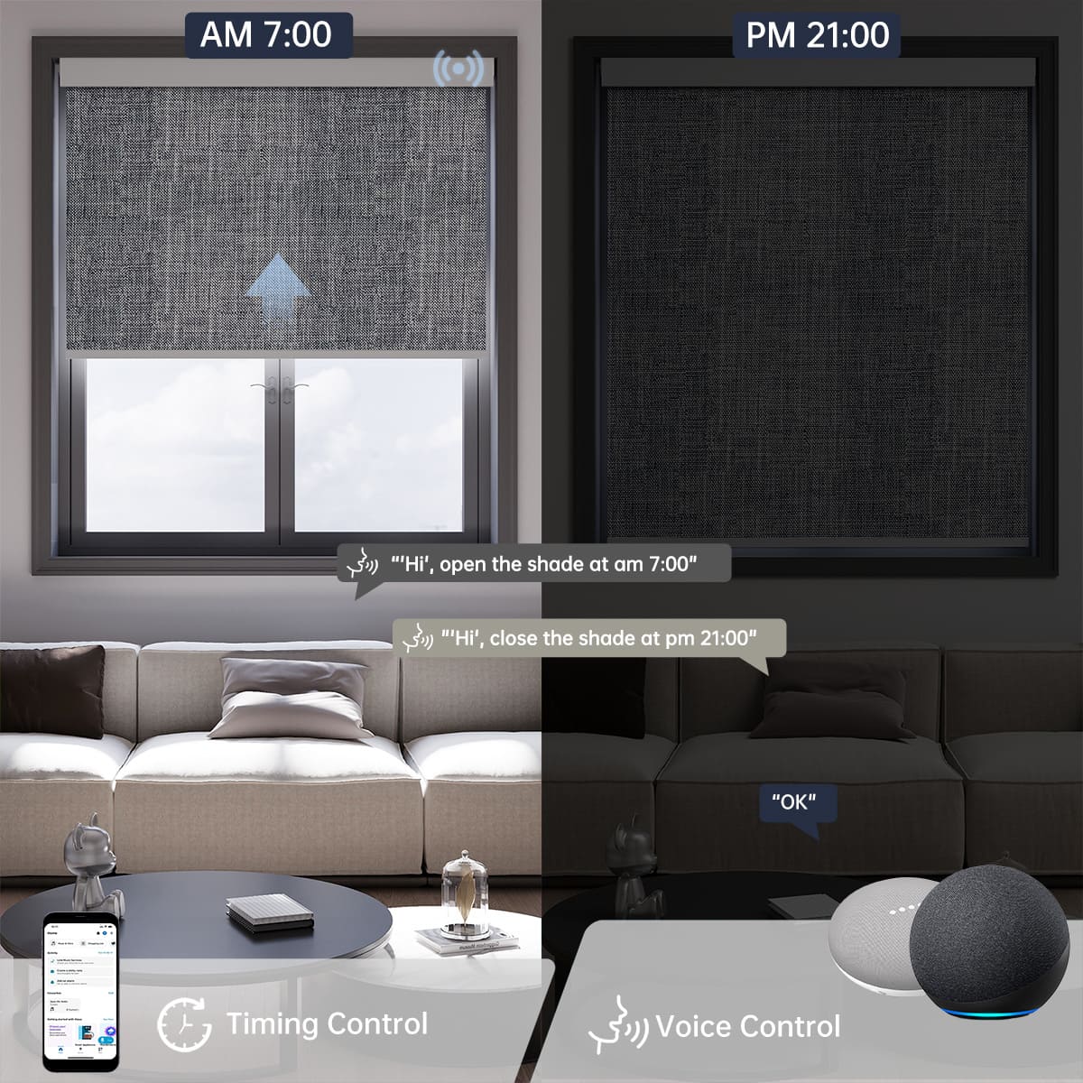 Fabric smoky gray motorized light filtering roller shade supports voice commands and scheduled timer for hands-free daily control.
