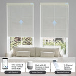 Jacquard beige light filtering shade with app, voice, or hub remote, managing up to 16 grouped shades easily.
