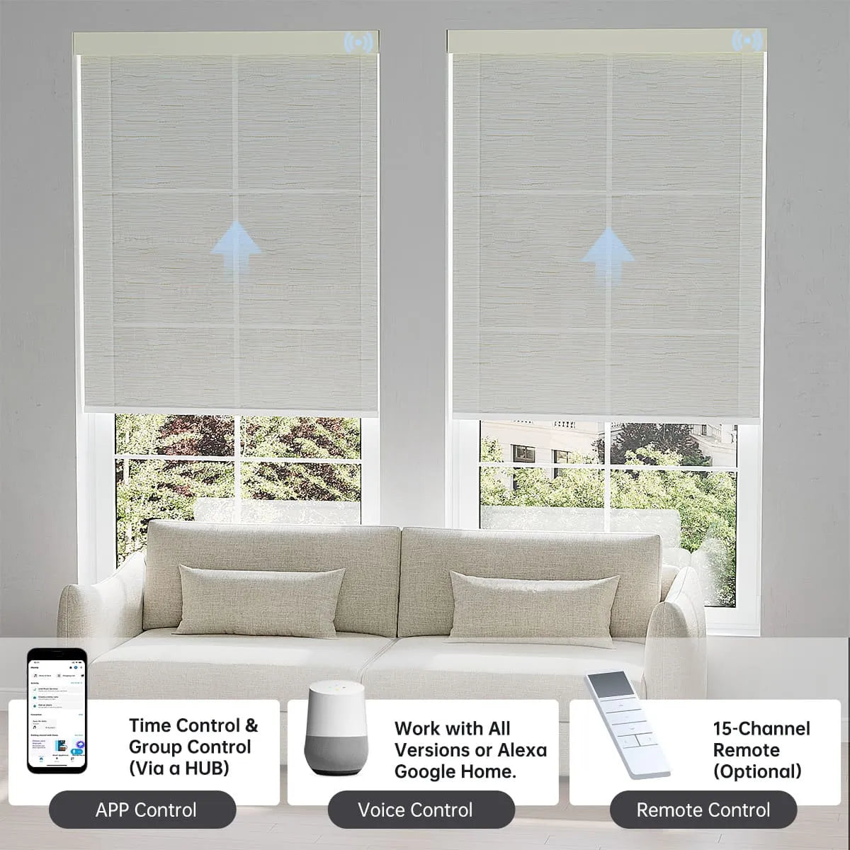 Jacquard beige light filtering shade with app, voice, or hub remote, managing up to 16 grouped shades easily.